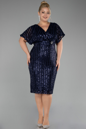 Navy Blue Short Sleeve Scaly Midi Plus Size Cocktail Dress ABK2104