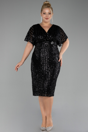 Black Short Sleeve Scaly Midi Plus Size Cocktail Dress ABK2104