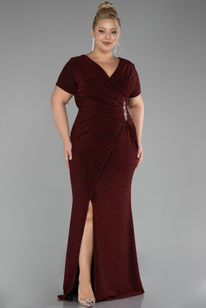 Burgundy Short Sleeve Long Silvery Plus Size Evening Dress ABU4101