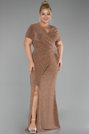 Gold Short Sleeve Long Silvery Plus Size Evening Dress ABU4101