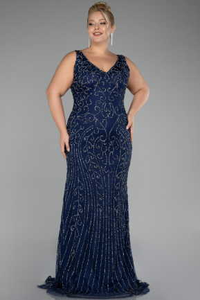 Navy Blue Sleeveless Stoned Long Plus Size Prom Gown ABU4008