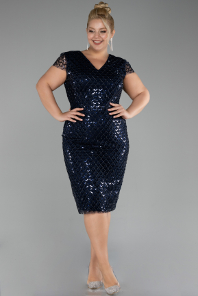 Navy Blue Short Sleeve Sequin Midi Plus Size Evening Dress ABK2137