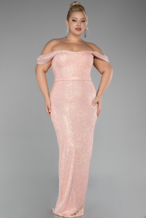 Salmon Shoulder Low Cut Long Sequin Plus Size Evening Dress ABU3919