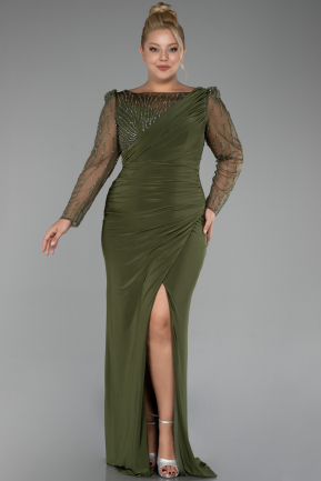 Olive Drab Stoned Long Sleeve Slit Plus Size Evening Gown ABU4119