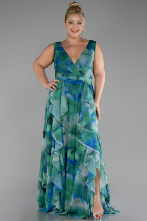 Green Sleevess Printed Chiffon Plus Size Prom Dress ABU4050