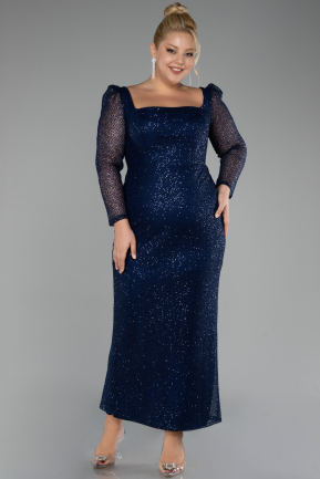 Navy Blue Long Sleeve Sequin Midi Plus Size Evening Dress ABK2138