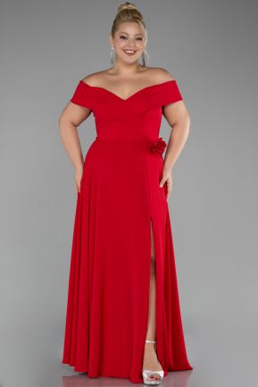 Red Boat Neck Slit Long Chiffon Plus Size Prom Dress ABU4234