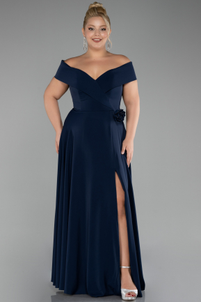 Navy Blue Boat Neck Slit Long Chiffon Plus Size Prom Dress ABU4234