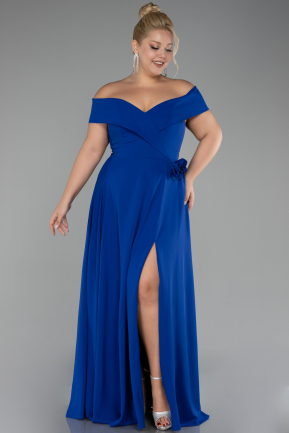 Sax Blue Boat Neck Slit Long Chiffon Plus Size Prom Dress ABU4234