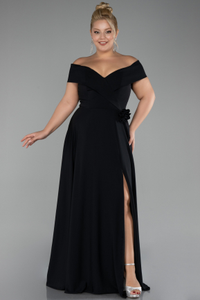 Black Boat Neck Slit Long Chiffon Plus Size Prom Dress ABU4234