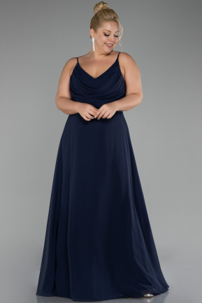 Long Navy Blue Chiffon Plus Size Prom Dress ABU4166