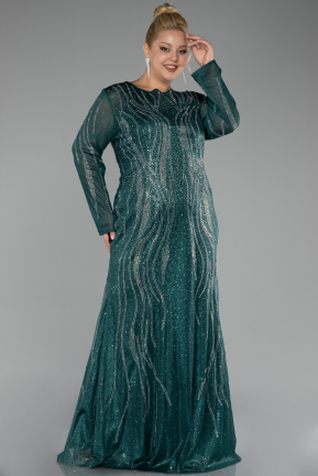 Emerald Green Stoned Long Sleeve Plus Size Evenin Gown ABU3927