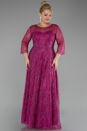 Fuchsia Capri Sleeve Stone Long Guipure Plus Size Evening Dress ABU3929