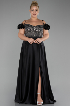 Black Sequined Boat Neck Long Satin Plus Size Evening Gown ABU4127