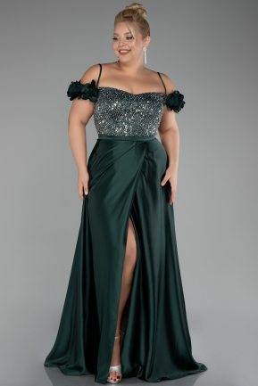 Emerald Green Sequined Boat Neck Long Satin Plus Size Evening Gown ABU4127