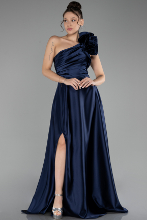 Navy Blue Long Satin Evening Dress ABU4189