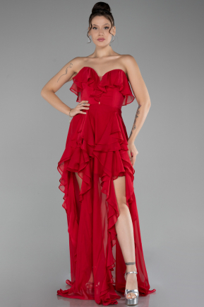 Red Strapless Slit Long Chiffon Prom Dress ABU4248