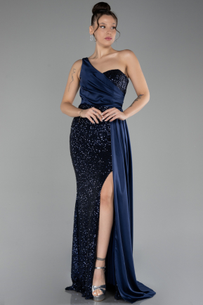 Navy Blue One Shoulder Slit Long Sequined Evening Gown ABU4241