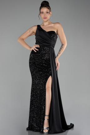 Black One Shoulder Slit Long Sequined Evening Gown ABU4241