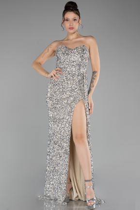 Beige Strapless Slit Long Sequined Prom Gown ABU4242