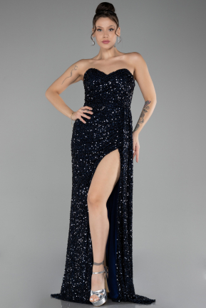 Navy Blue Strapless Slit Long Sequined Prom Gown ABU4242