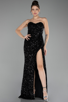 Black Strapless Slit Long Sequined Prom Gown ABU4242