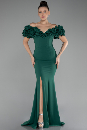 Emerald Green Boat Neck Slit Long Evening Dress ABU4080