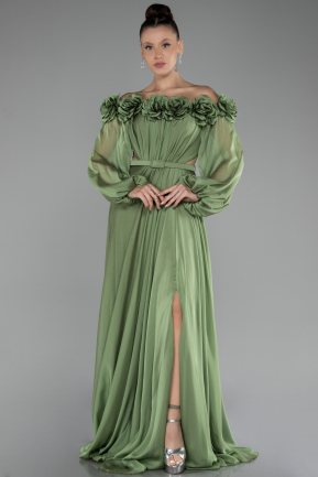 Pistachio Green Floral Boat Neck Long Sleeve Chiffon Prom Gown ABU4130