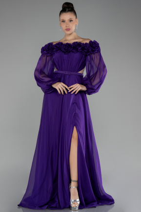 Purple Floral Boat Neck Long Sleeve Chiffon Prom Gown ABU4130