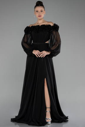 Black Floral Boat Neck Long Sleeve Chiffon Prom Gown ABU4130