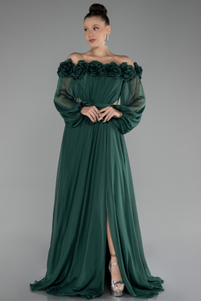 Emerald Green Floral Boat Neck Long Sleeve Chiffon Prom Gown ABU4130