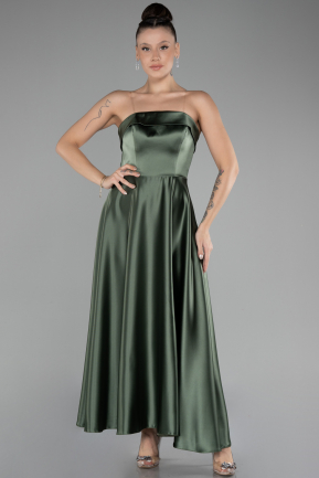 Olive Drab Strapless Midi Satin Evening Dress ABK2143