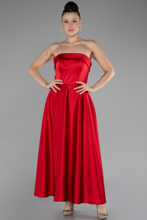 Red Strapless Midi Satin Evening Dress ABK2143