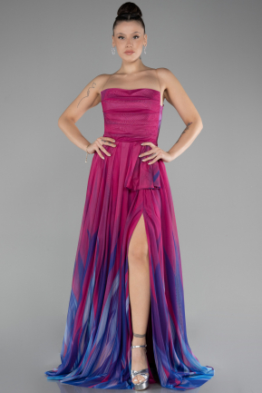 Fuchsia Strapless Slit Long Patterned Prom Gown ABU4253