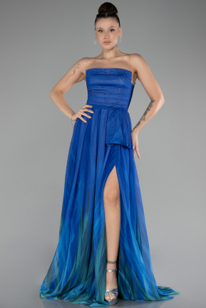 Sax Blue Strapless Slit Long Patterned Prom Gown ABU4253