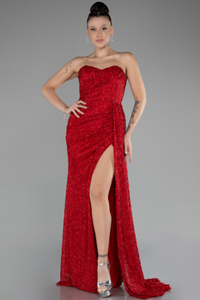 Red Strapless Slit Beaded Long Evening Gown ABU4114