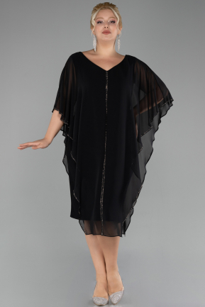 Black Short Sleeve Chiffon Midi Plus Size Evening Dress ABK2134