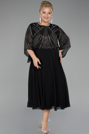 Midi Black Chiffon Plus Size Evening Dress ABK2144