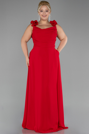 Red Boat Neck Long Chiffon Plus Size Evening Dress ABU4026