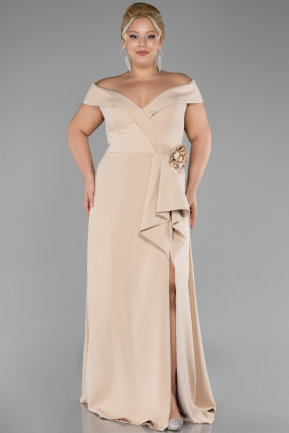 Beige Boat Neck Slit Long Plus Size Evening Dress ABU4200