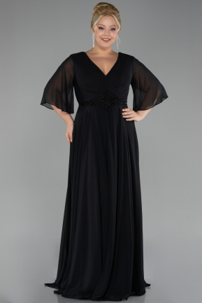 Black Short Sleeve Plus Size Long Chiffon Evening Dress ABU3991