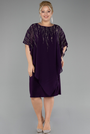 Dark Purple Stoned Short Sleeve Chiffon Midi Plus Size Evening Dress ABK2133