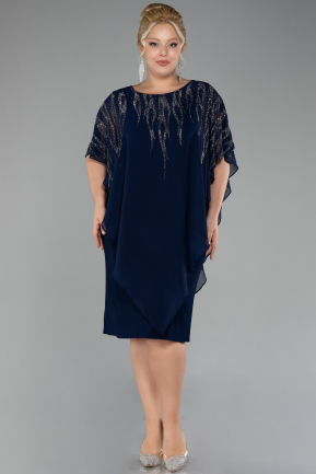 Navy Blue Stoned Short Sleeve Chiffon Midi Plus Size Evening Dress ABK2133