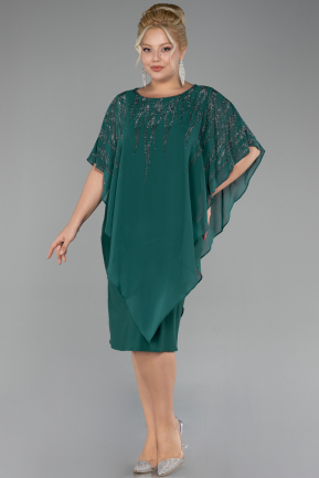 Emerald Green Stoned Short Sleeve Chiffon Midi Plus Size Evening Dress ABK2133