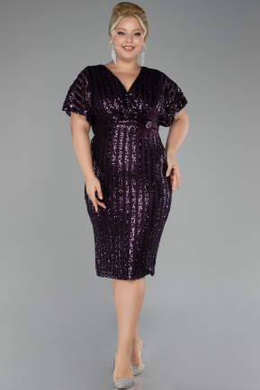 Dark Purple Short Sleeve Scaly Midi Plus Size Cocktail Dress ABK2104