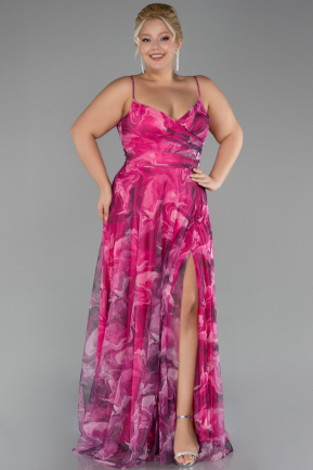 Pink Slit Long Patterned Plus Size Prom Dress ABU3955