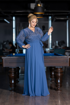 Long Indigo Chiffon Plus Size Evening Gown ABU4257