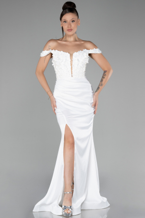 White Boat Neck Slit Long Prom Gown ABU4264