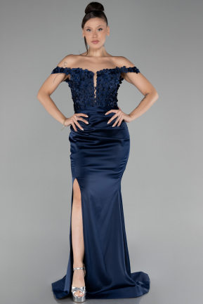 Navy Blue Boat Neck Slit Long Prom Gown ABU4264