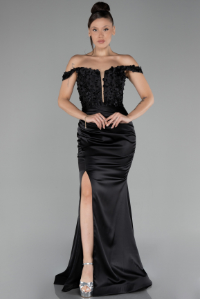 Black Boat Neck Slit Long Prom Gown ABU4264